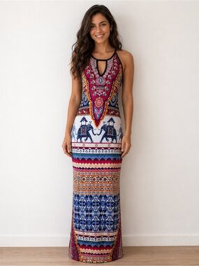 Vintage Y2K Boho Keyhole Maxi Dress Indian Aztec Inspired Print Red Blue White M